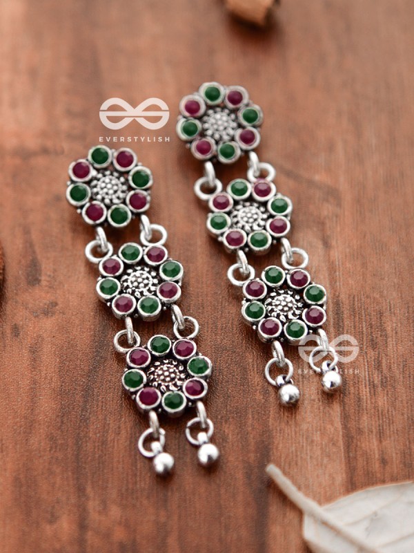 The Triple Layered Intricate Danglers (Ruby Emerald) - The Embellished Oxidised Collection