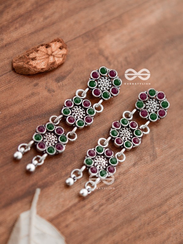The Triple Layered Intricate Danglers (Ruby Emerald) - The Embellished Oxidised Collection