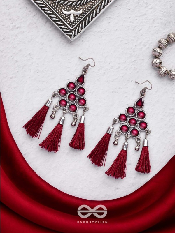 The Enamelled Tassels (Burgundy) - Embellished Oxidised Earrings