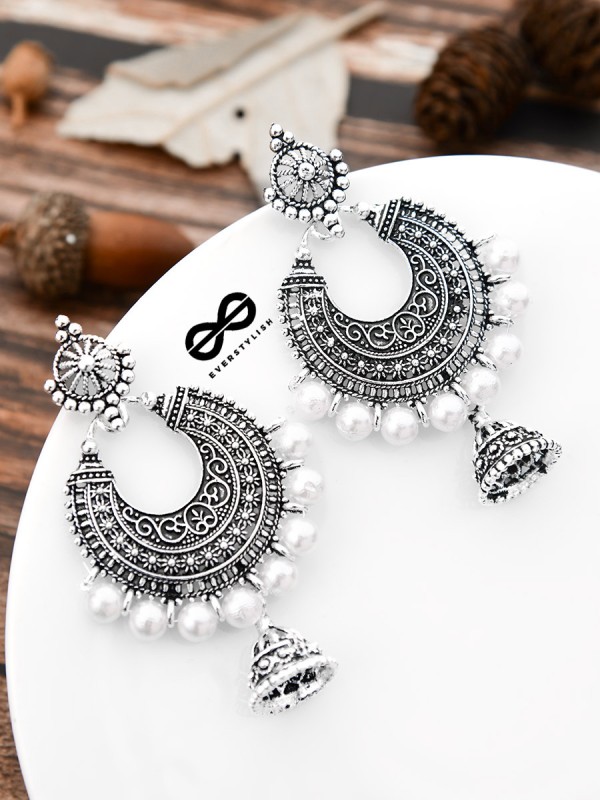The Intricate Pearl Motifs - Oxidised Boho Earrings