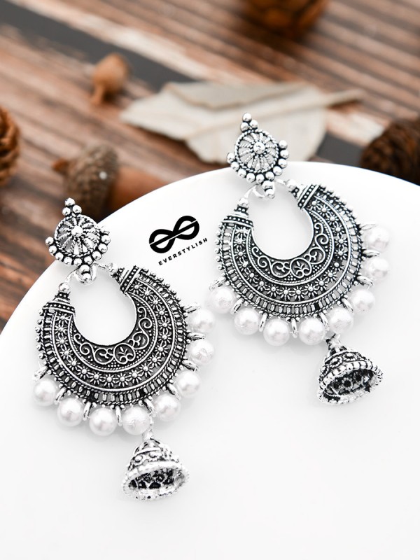The Intricate Pearl Motifs - Oxidised Boho Earrings