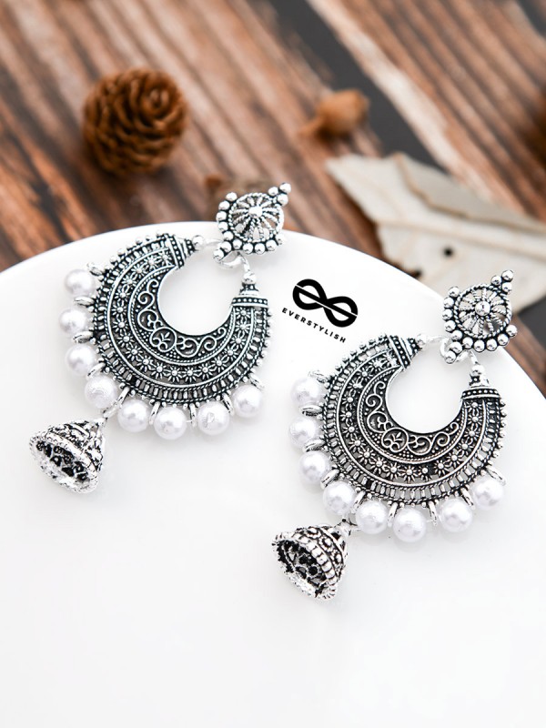 The Intricate Pearl Motifs - Oxidised Boho Earrings