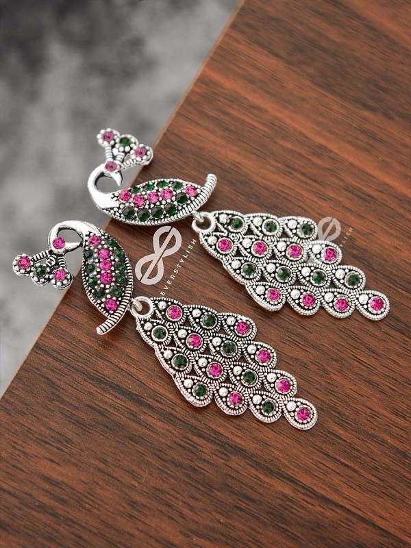 The Shimmery Peacock Danglers - Embellished Oxidised Collection