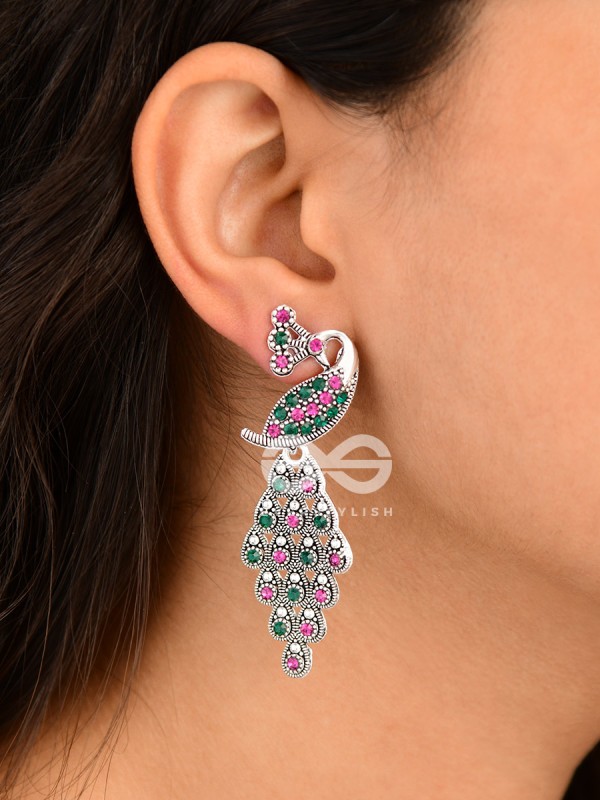 The Shimmery Peacock Danglers - Embellished Oxidised Collection