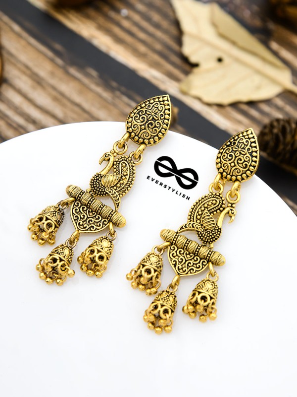 The Intricate Golden Peacock Triple Boho Jhumkis