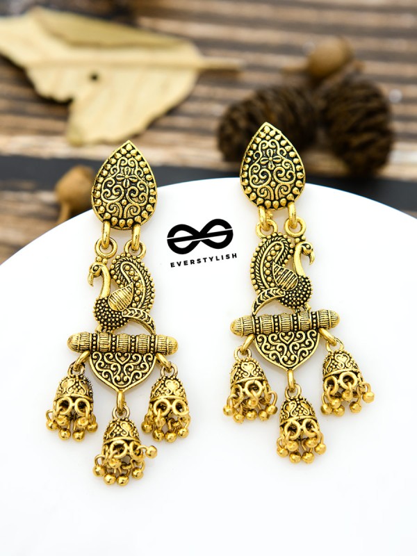 The Intricate Golden Peacock Triple Boho Jhumkis