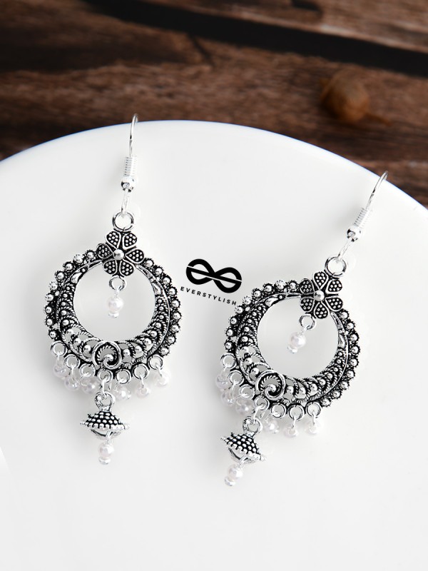 The Intricate Floral Circled Danglers - Oxidised Boho Earrings