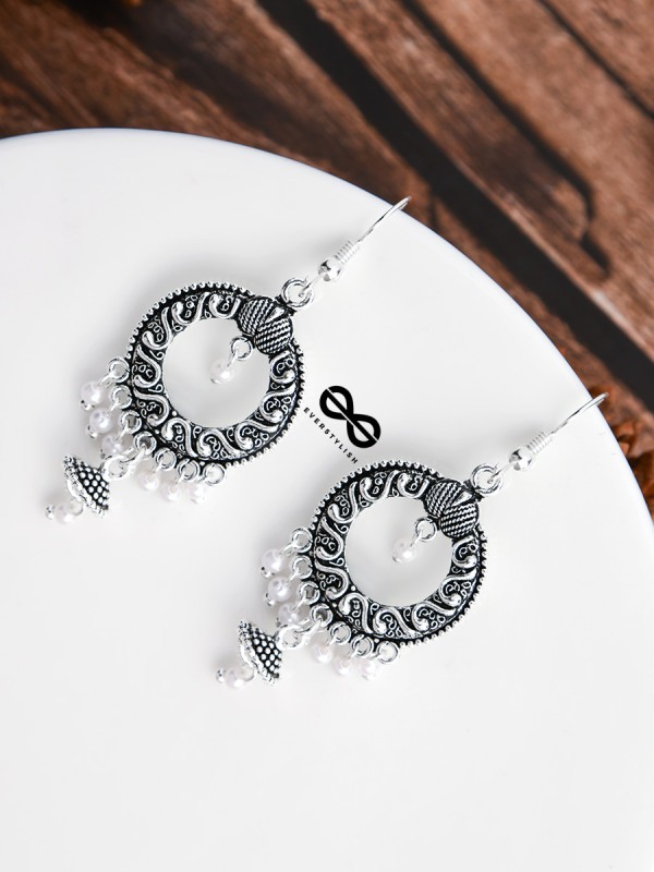 Little Intricate Circled Danglers - Oxidised Boho Earrings