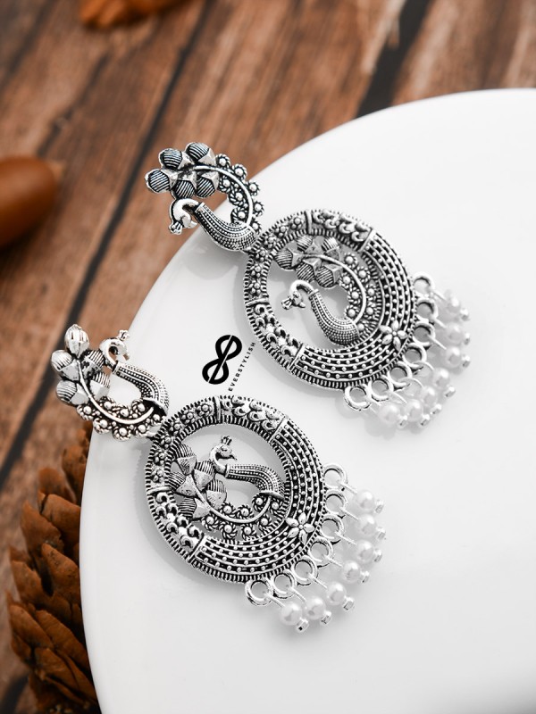 An Intricate Peacock Artwork - Oxidised Boho Earrings