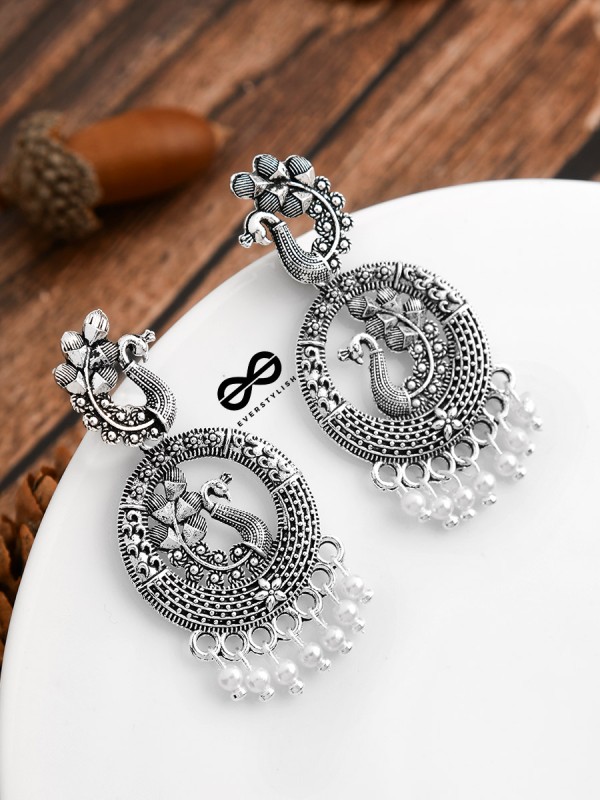 An Intricate Peacock Artwork - Oxidised Boho Earrings