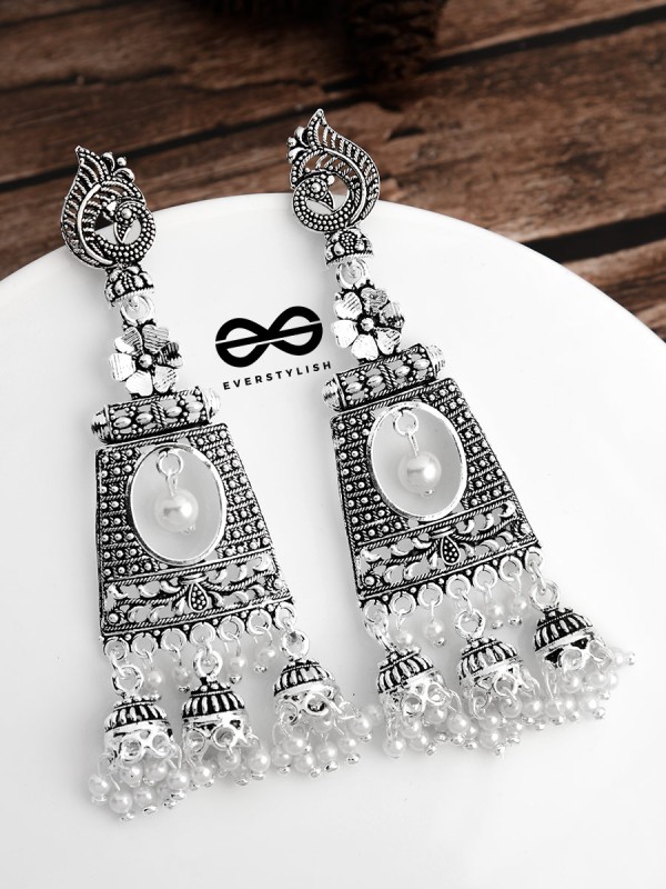 An Intricate Peacock Artwork Triple Jhumkis - Oxidised Boho Earrings