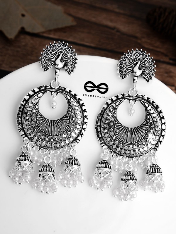 The Intricate Peacock Sun Triple Jhumkis - Oxidised Boho Earrings