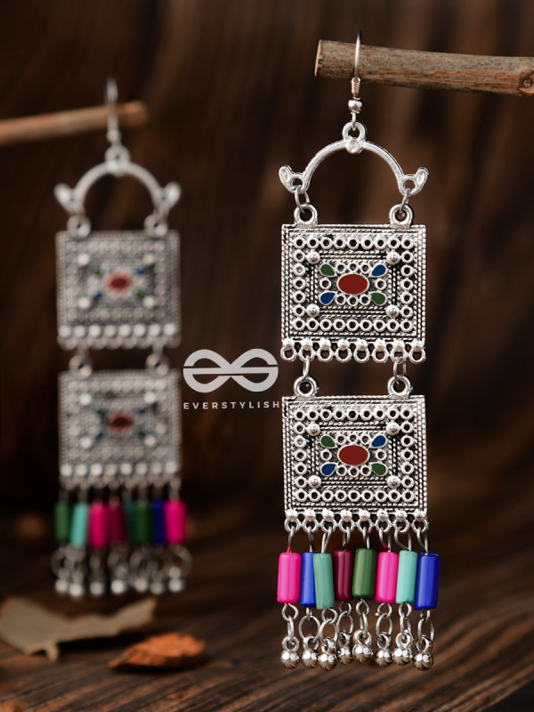 The Double Embellished Trunks (Red Hues) - Oxidised Boho Earrings - Multicolour