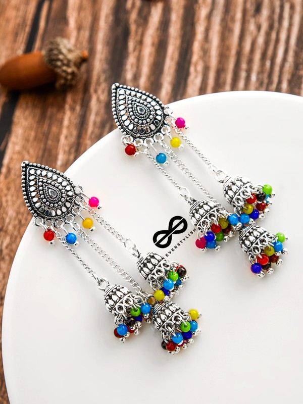 The Shimmery Droplet Triple Multicoloured Jhumkis - The Oxidised Boho Collection