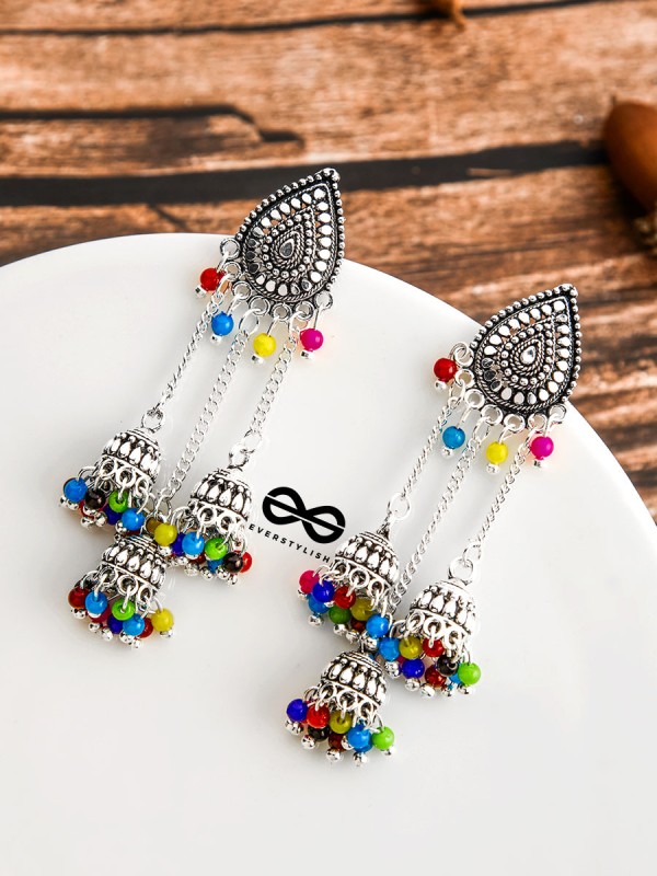 The Shimmery Droplet Triple Multicoloured Jhumkis - The Oxidised Boho Collection