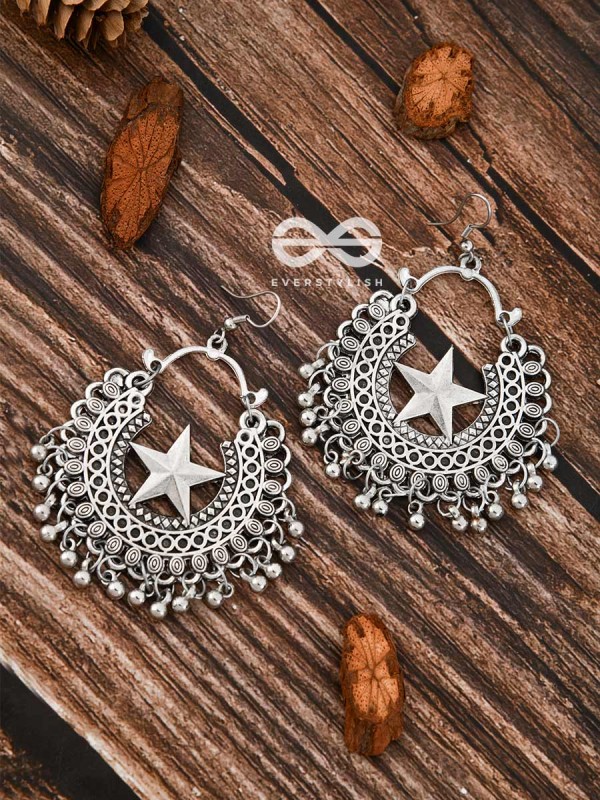 The Moon and Star Danglers - Oxidised Boho Earrings