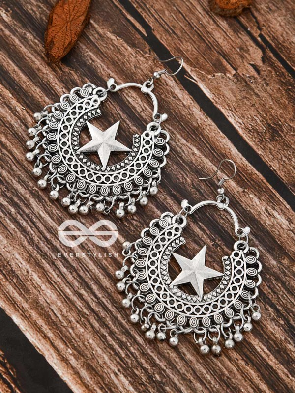 The Moon and Star Danglers - Oxidised Boho Earrings