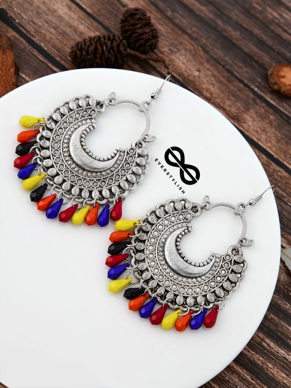 The Motif Moon Multicoloured Droplets Oxidised Boho Earrings