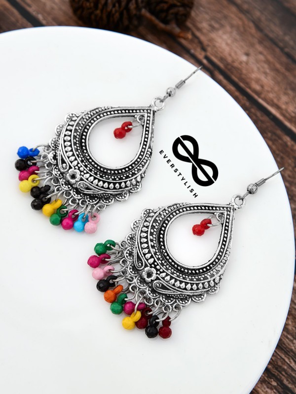 The Intricate Motif Drops - Oxidised Boho Earrings - Multicolour