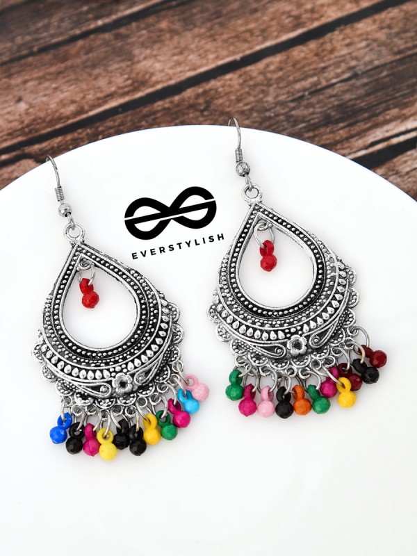 The Intricate Motif Drops - Oxidised Boho Earrings - Multicolour