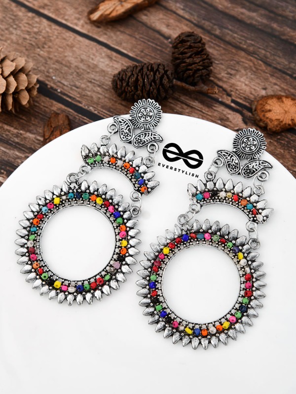 The layered Beaded Sun Oxidised Boho Earrings