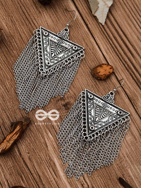 The Triangle Chained Danglers - Oxidised Boho Earrings