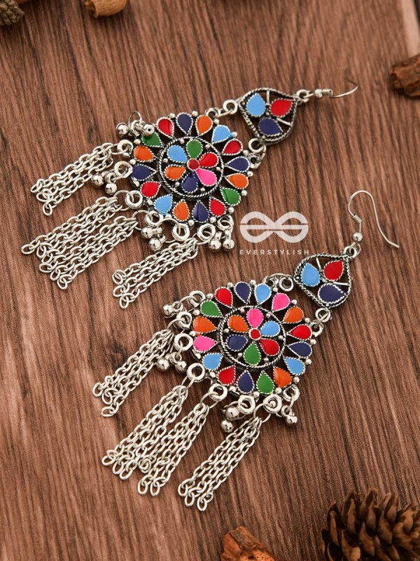 The Multicoloured Enamel Chained Danglers - Oxidised Boho Earrings
