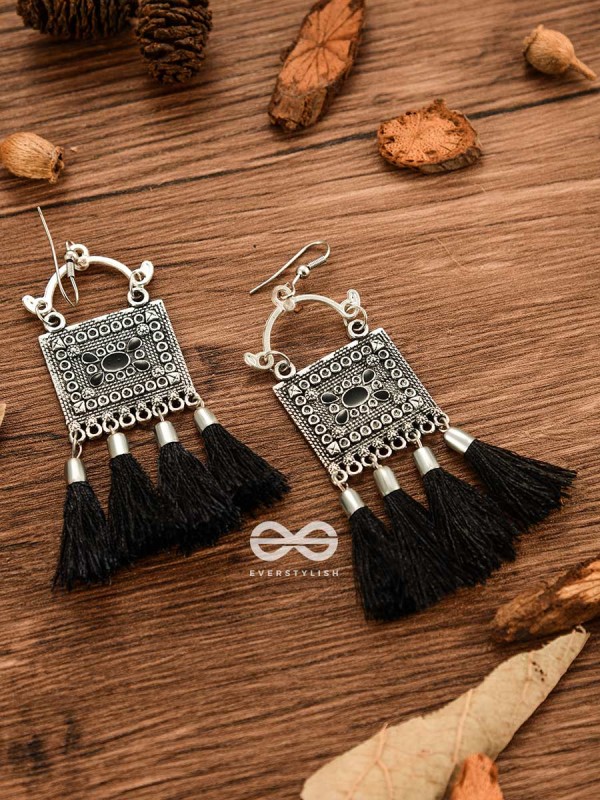 The Embellished Trunk Tassels (Black) - Oxidised Boho Earrings