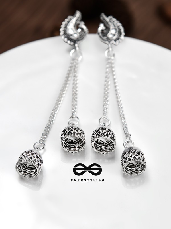 The Double Jhumki Curved Peacock Danglers - Oxidised Boho Earrings