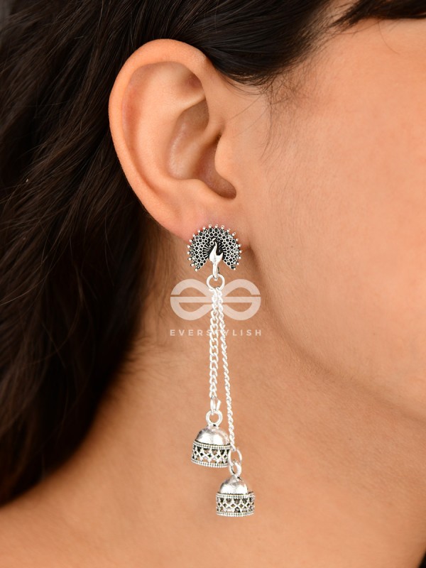 The Double Jhumki Fanning Peacock Danglers - Oxidised Boho Earrings