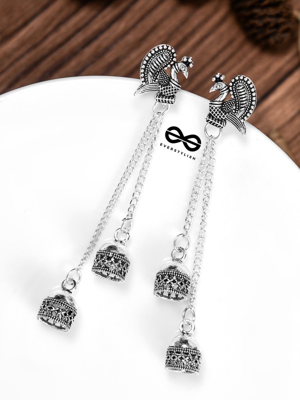 The Double Jhumki Intricate Peacock Danglers - Oxidised Boho Earrings