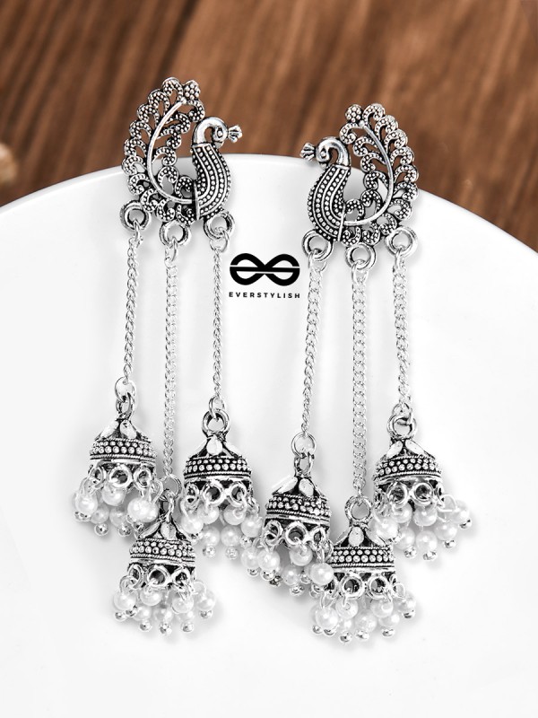 The Intricate Peacock Triple Hanging Jhumkis - Oxidised Boho Earrings