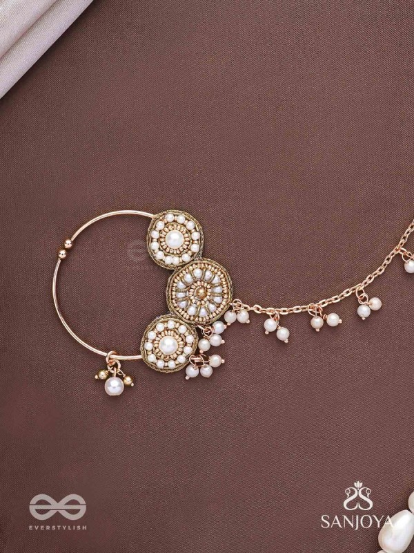 Haimavat - The Pearl Trail - Pearls And Beads Hand Embroidered Nath (Non-Piercing)