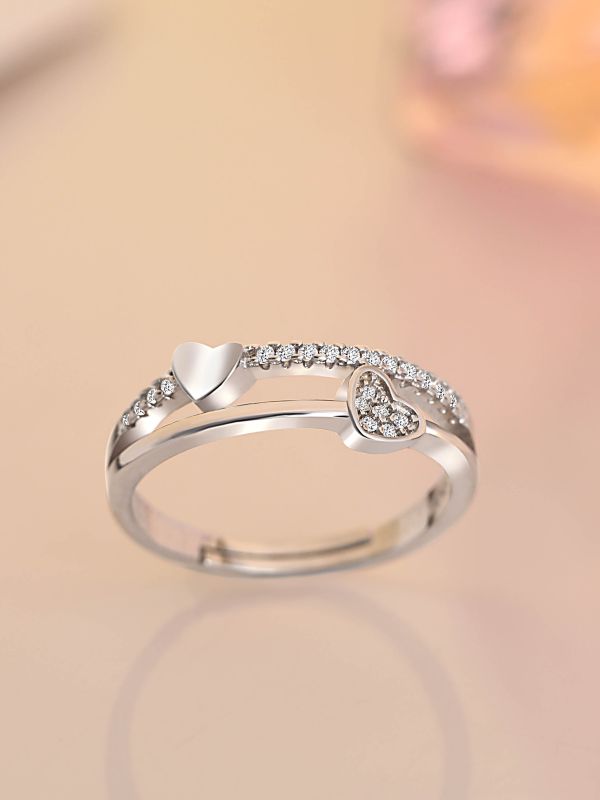 Silver Layered Hearts Adjustable CZ Ring
