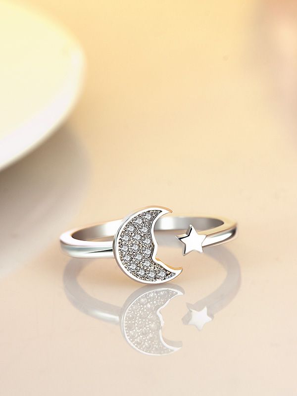 Stars and crescent moon adjustable ring in silver