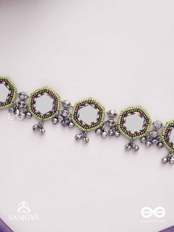 Chāyāmālā-Reflective choker- oxidized choker featuring intricate beadwork, mirrors, ghungroo (small bells), and thread details