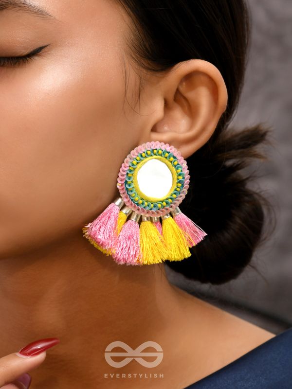 Aatapa - The Warm Sunrays - Mirror, Resham And Sequins Hand Embroidered Earrings