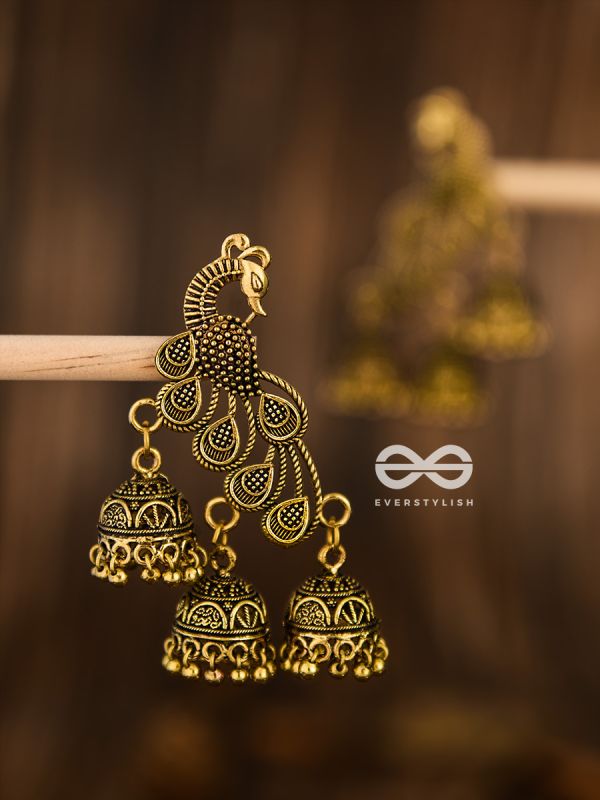 The Intricate Peacocks (Golden) - Triple Boho Jhumki Earrings