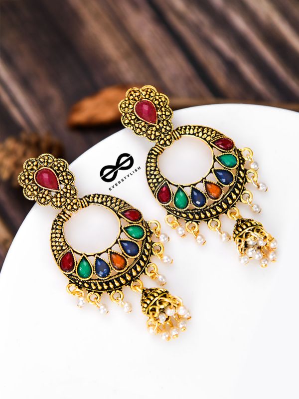 The Golden Embellished Jhumki Artwork - Embellished Oxidised Earrings