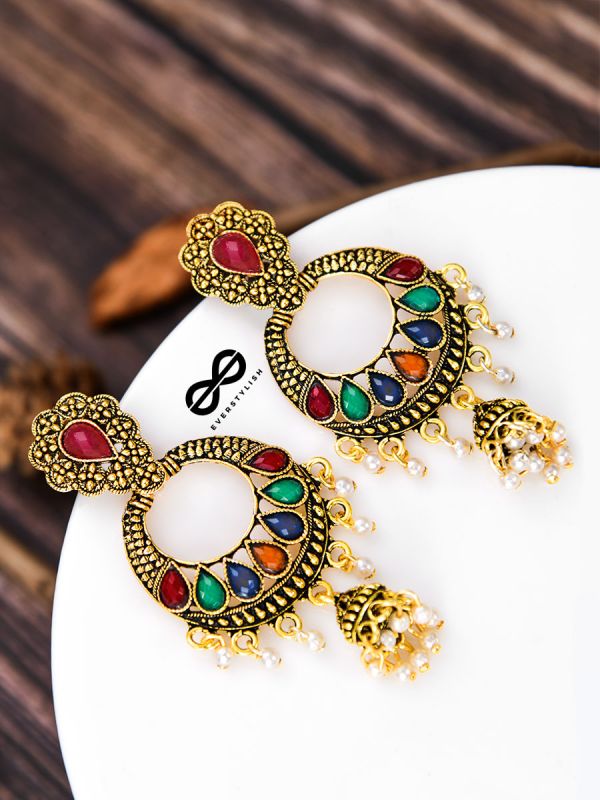 The Golden Embellished Jhumki Artwork - Embellished Oxidised Earrings
