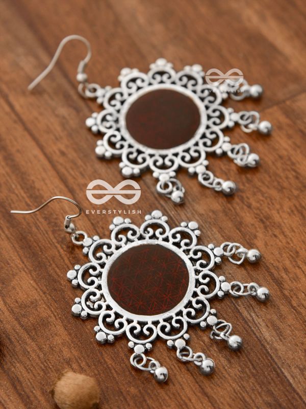 The Meshed Meenakari Sun (Burgundy) - Oxidised Boho Earrings