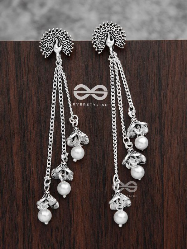 The Fanning Peacock Triple Pearl Jhumkis - Oxidised Boho Earrings