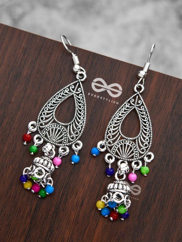 The Meshed Artwork Jhumkis (Multicolour) - Oxidised Boho Earrings