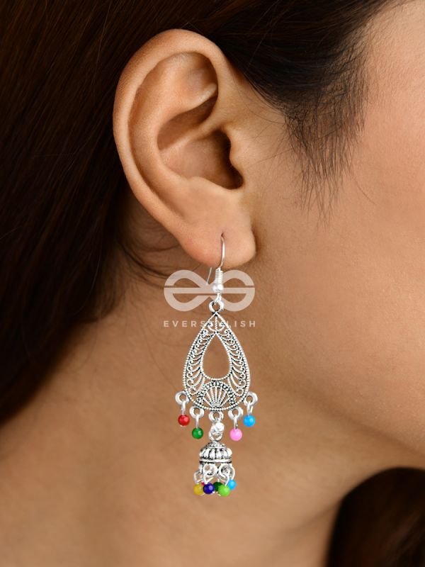 The Meshed Artwork Jhumkis (Multicolour) - Oxidised Boho Earrings