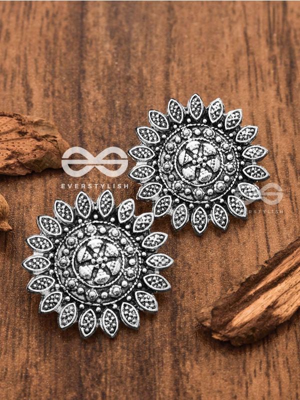 The Aztec Intricate Sun - Oxidised Boho Studs