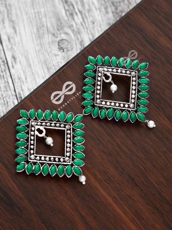The Elegance Squared Studs (Emerald Green)- Embellished Oxidised Collection