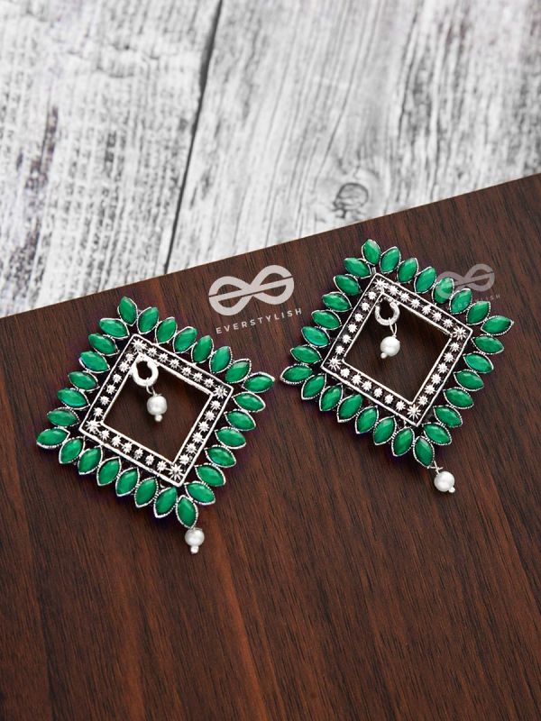 The Elegance Squared Studs (Emerald Green)- Embellished Oxidised Collection