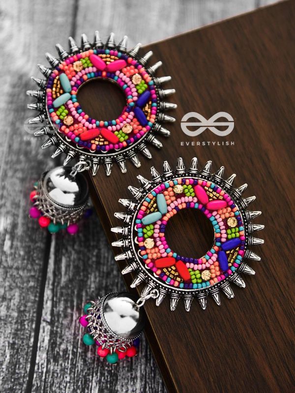 The Rounded Beaded Artwork Jhumkis - The Embroidered Oxidised Collection