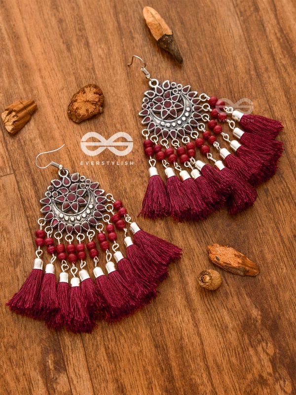 The Enamelled Artwork Tassels (Burgundy) - Oxidised Boho Earrings