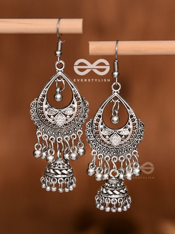 The Droplet Artwork Jhumkis - Oxidised Boho Earrings